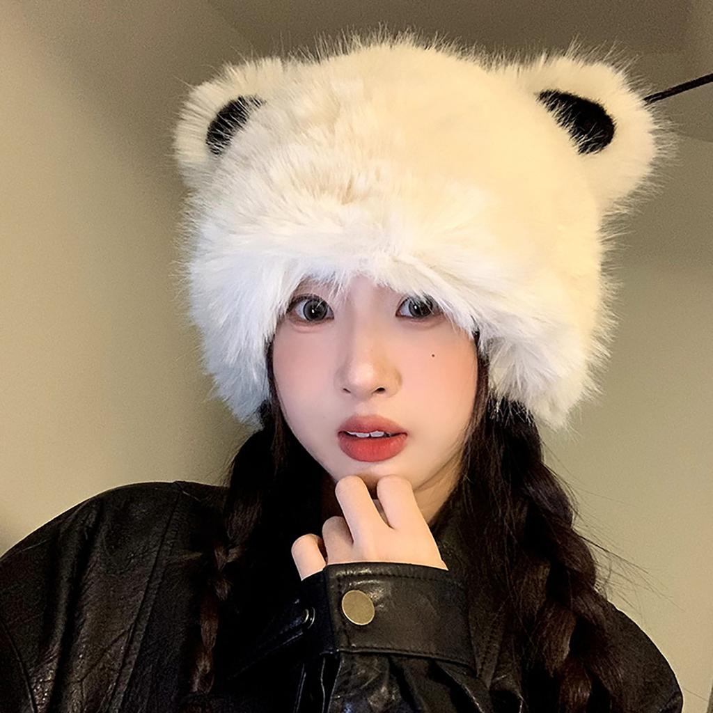 RICYGVM Winter Women Plush Beanie Soft Fluffy Fur Pullover Cap Snow Windproof Warm Ear Protection Hat Cute Cartoon Bear Bonnet