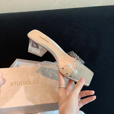 Босоножки на высоком каблуке лето новые квадратный носок пвх прозрачный кристалл и шлепанцы на высоком толстом каблуке