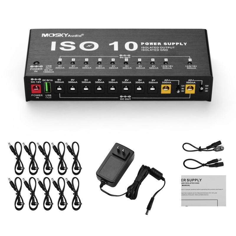 MOSKYAUDIO ISO10 Guitar Effect Pedal Power Supply Station 10 Isolated DC Outputs & One 5V USB Output for 9V 12V 18V Effects