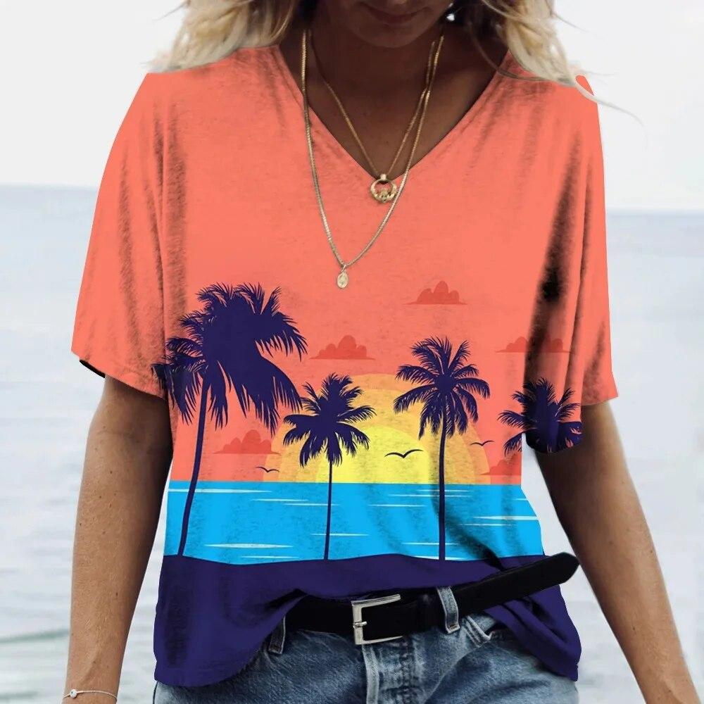 Гавайская футболка, женский топ с v-образным вырезом и коротким рукавом, футболка с принтом кокосовой пальмы, женская одежда большого размера, женский топ для отпуска