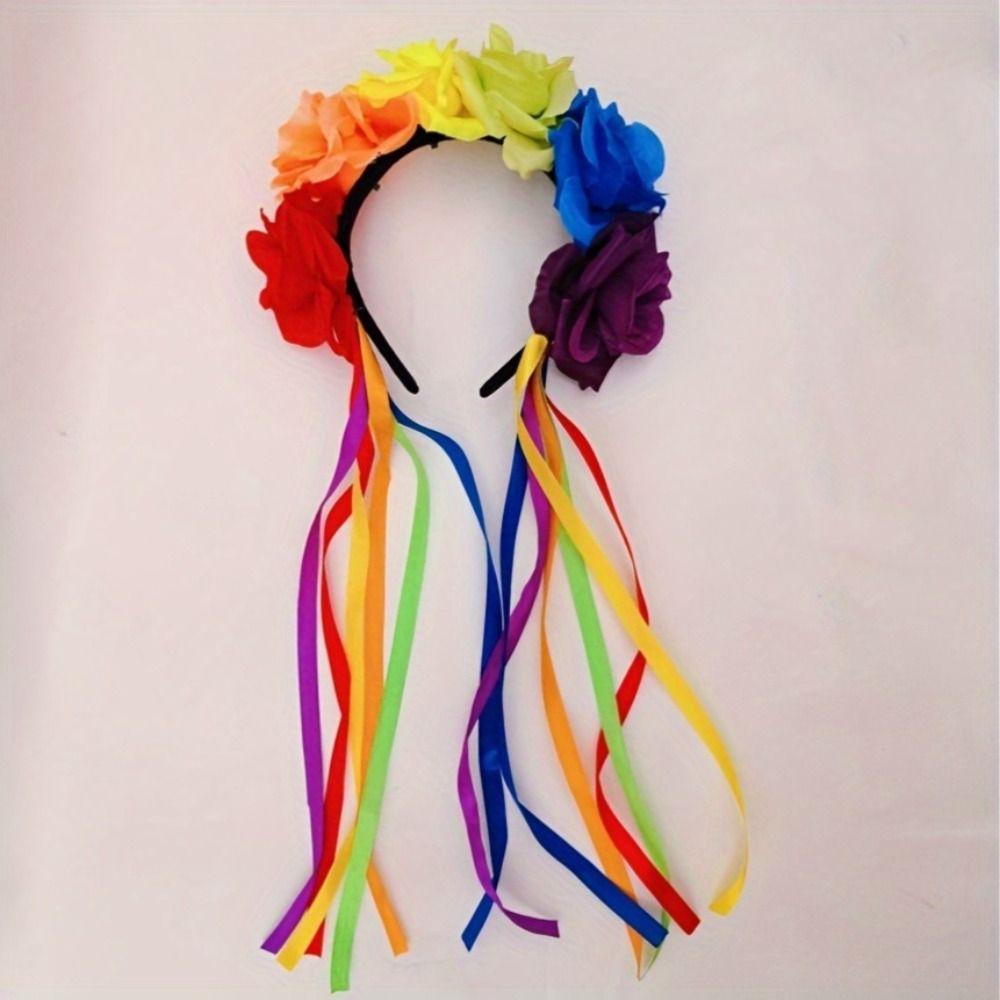 Cute Rainbow Rose Hair Hoop Artificial Flowers Festive Party Hair Accessory  Birthday