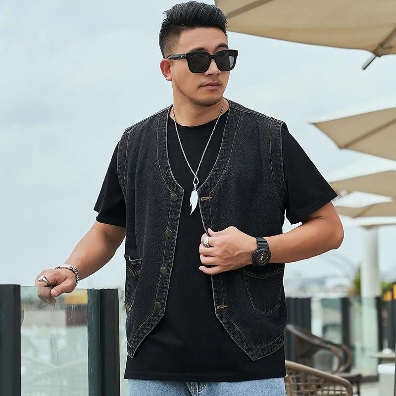 Мужской весенний свободный джинсовый жилет большого размера, однотонный топ без рукавов с прямым подолом