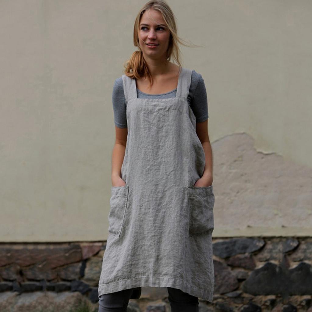 Women Cotton Linen Pinafore Square Cross Apron Garden Work Pinafore Dress
