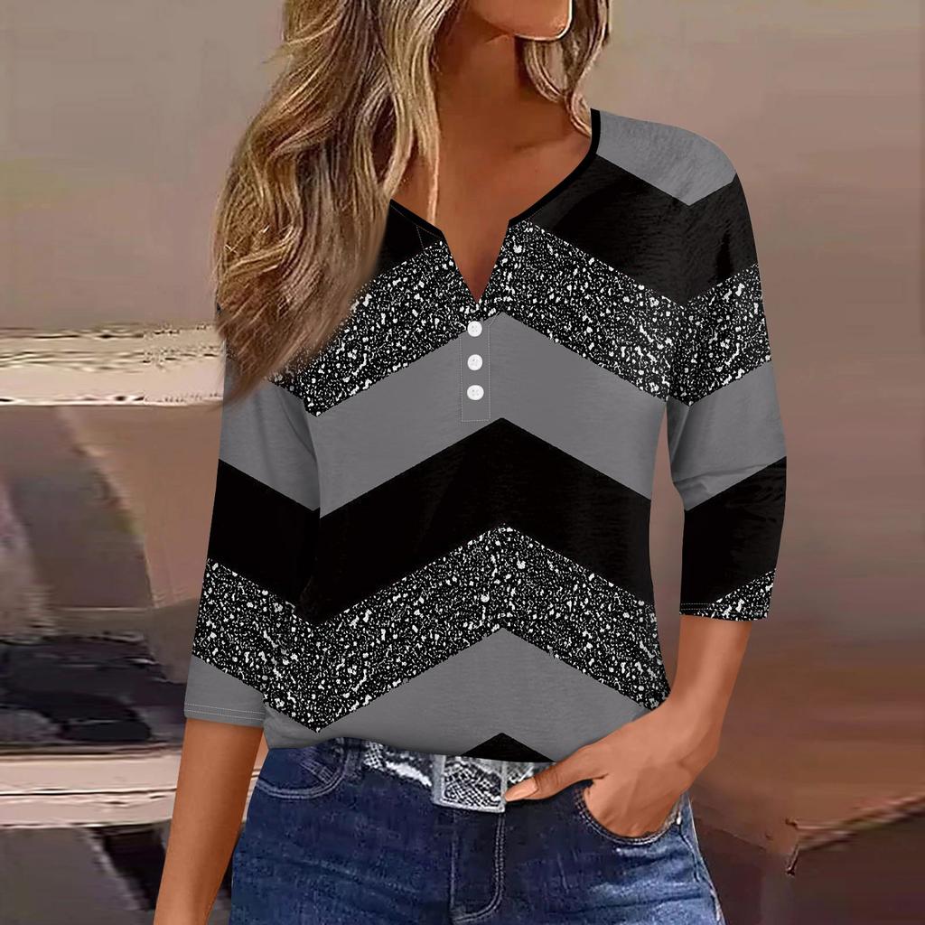 Жен. Футболка Футболка С принтом Пуговицы Рукав 3/4 Повседневные Выходные Мода Классический Классический V-образный вырез Обычный Верх