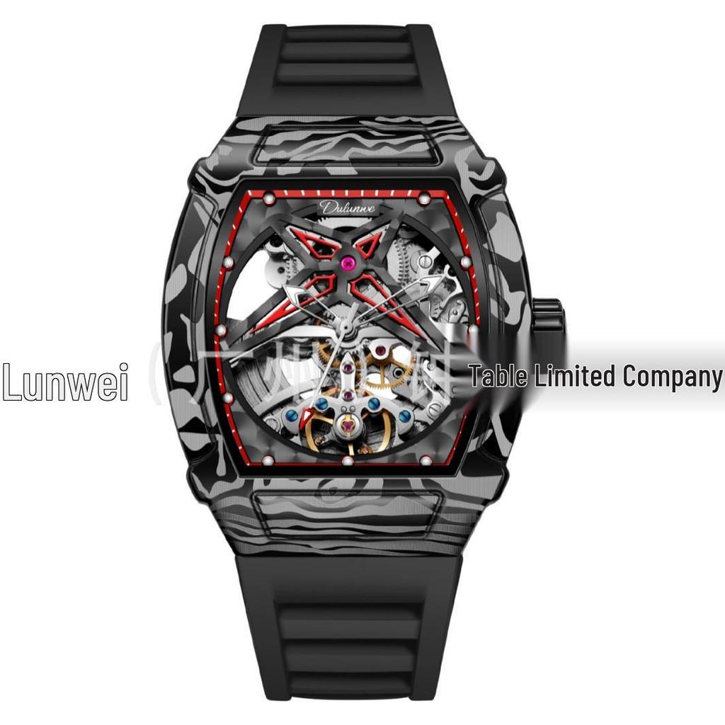 Водонепроницаемые мужские механические часы Durham Yao - Корпус из сплава бочкообразной формы с дизайном из углеродного волокна и скелетонизированным циферблатом