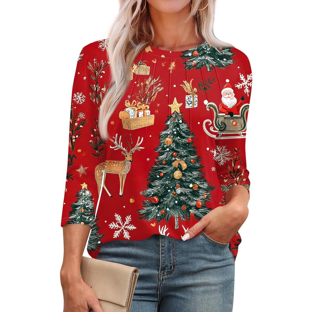 Женская модная футболка с круглым вырезом и рукавом 3/4 с рождественскими принтами, повседневная базовая плиссированная футболка-пуловер