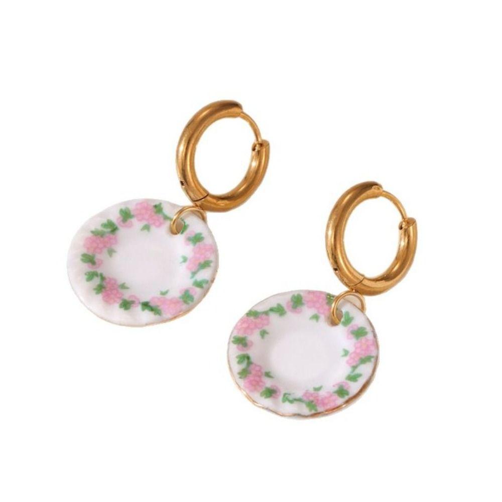 Chinese Style Blue and White Porcelain Earrings Gold Enamel Hoop Earrings  Jewelry Accessories