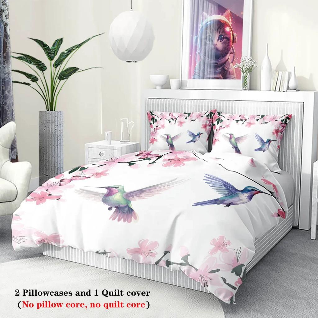 3pcs Spring Themed Bird and Flower Printed Bedding SetFor Bedroom Guest Room (1*Duvet Cover + 2*Pillowcase NO Core)