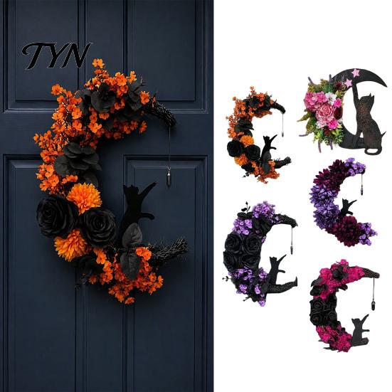 Indoor Dark Theme Soft Furnishings Halloween Black Cat Moon Wreath, Gothic Crescent Grapevine Wreath with Style Holiday Home Accents Rose Flowers,