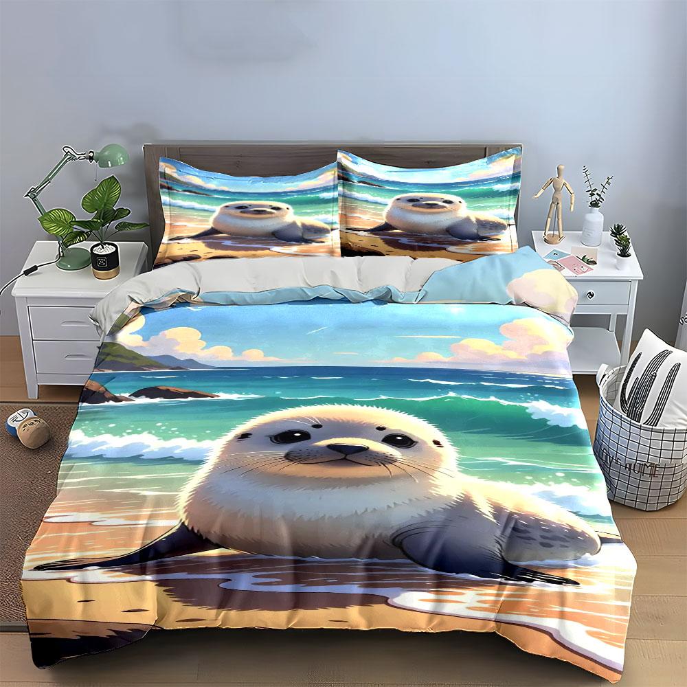 Cute seal on beach. Bedding sets Duvet cover sets Duvet covers Pillowcases(1 * Duvet Cover 2 * Pillowcases, without duvet insert)