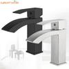 Basin Sink Bathroom Faucet Deck Mounted Hot Cold Water Basin Mixer Taps Matte Black Lavatory Sink Tap Crane