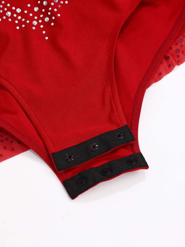 Девочки Блестящие Стразы Танцевальный Купальник Воротник-стойка Без рукавов Невидимая Молния Сзади Прозрачная Сетка Юбка Боди