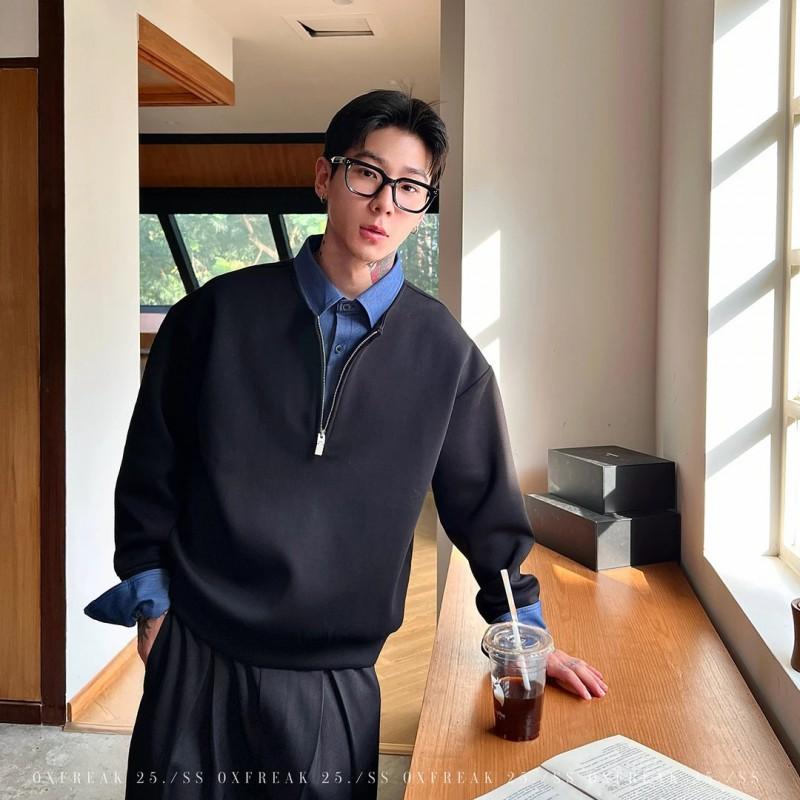 Mens Casual Long Sleeve Sweatshirt Faux Two-piece Half-zip Turn-down Collar Winter Loose Fit