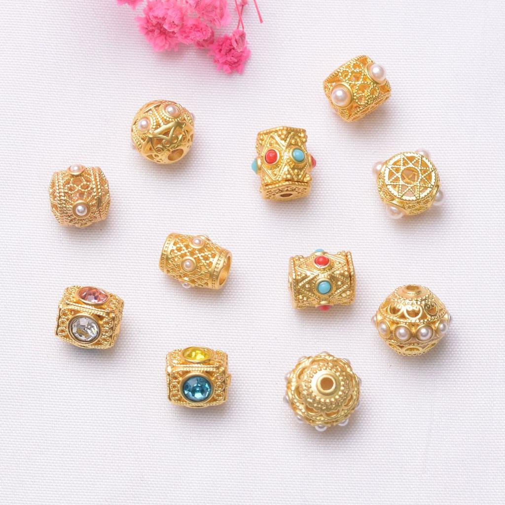 10pcs Color Retention Ancient Gold Bead Inlaid Pearl Hollow Loose Bead String Bead Diy Bracelet Necklace Jewelry Loose Beads