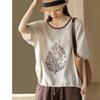 Pullover Round Neck Loose Large Size T-shirt for Women New Style Retro Embroidered Cotton and Linen Top for Women