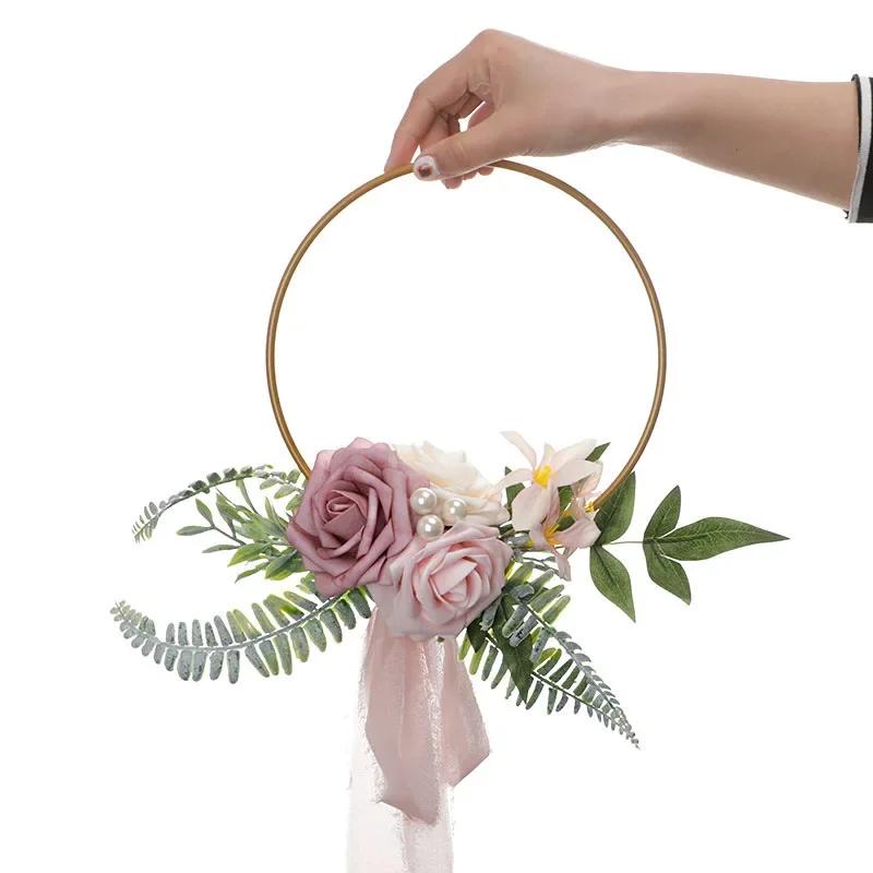 Bridesmaid Gold Hoop Bouquet for Wedding Bridal Shower Ceremony Artificial Rose Flower Hoop Wreath Front Door Wall Decoration