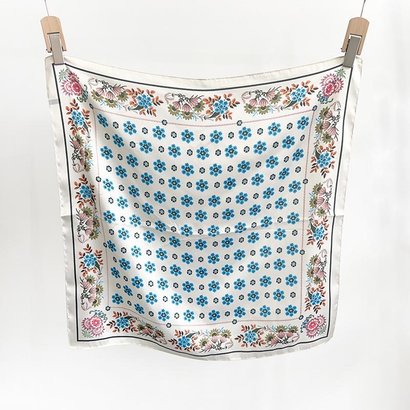 Korean design retro rhombus flower small silk scarf summer ins versatile thin breathable square scarf decorative scarf scarf