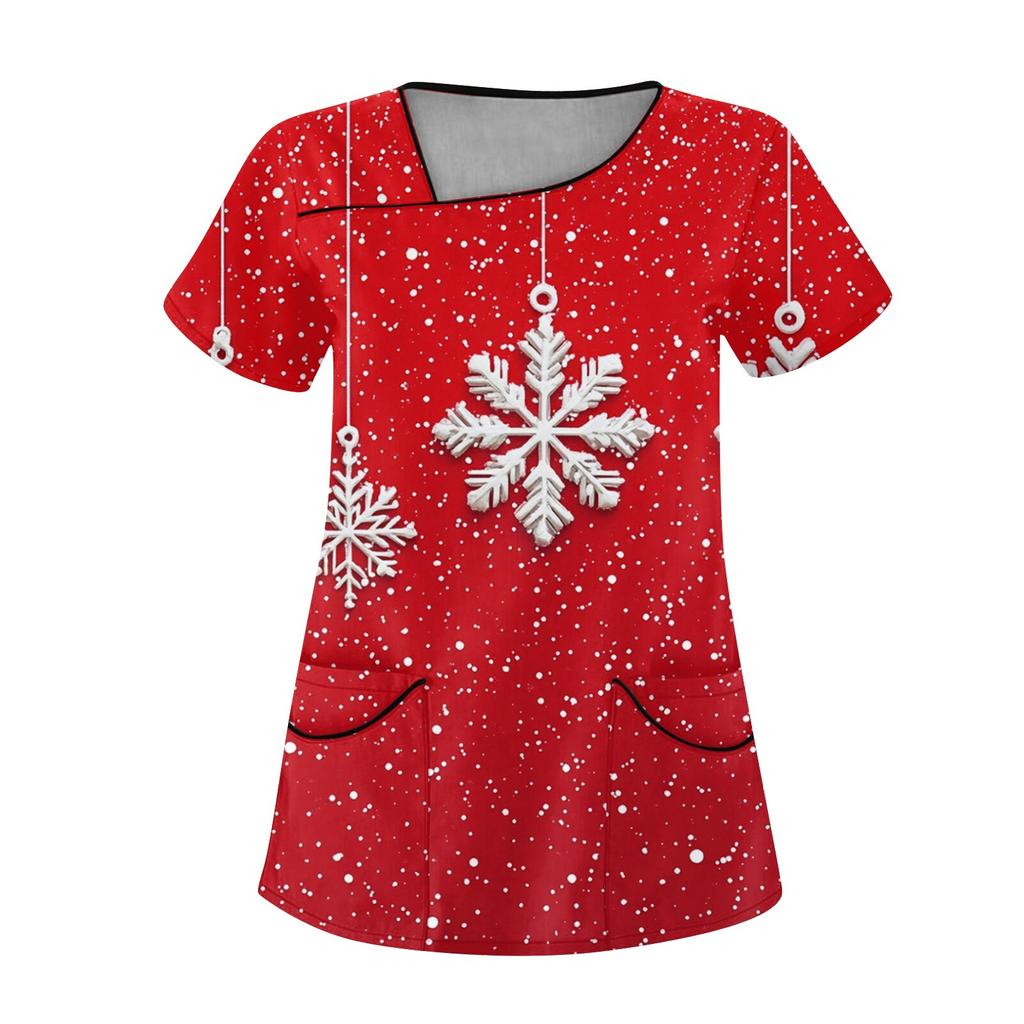 Женская рабочая одежда с рождественским принтом, покатый воротник и двухслойные карманы, базовый пуловер сверху