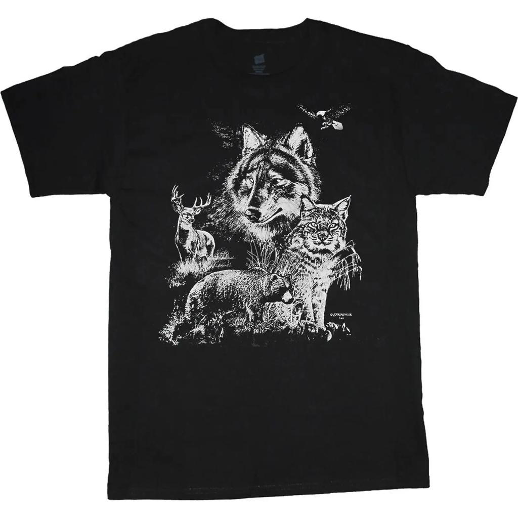 Mountain Wildlife Scene Bear Eagle Deer Bobcat T shirt Unisexs s vintage Washed Breathable Slightly homme Stretched streetwear