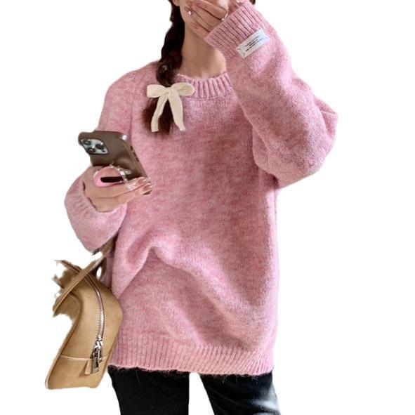 Women Drop Shoulder Crewneck Fuzzy Knit Sweater Long Sleeve Casual Solid Knitted Chunky Sweater Jumper
