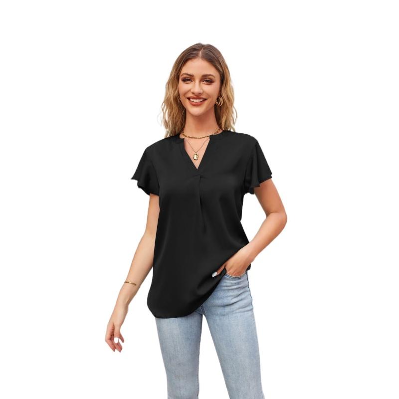 Летняя футболка в европейском и американском стиле, новый женский атласный топ с v-образным вырезом и рюшами на рукавах, модный офисный топ S-2XL