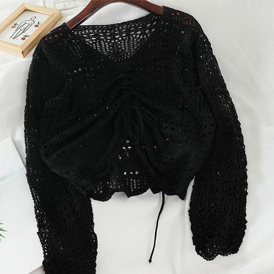 Summer Sexy Lolita Long Sleeve Hollow Knit Cover-up V-Neck Drawstring Sun Protection Short Sleeve Thin Sweater