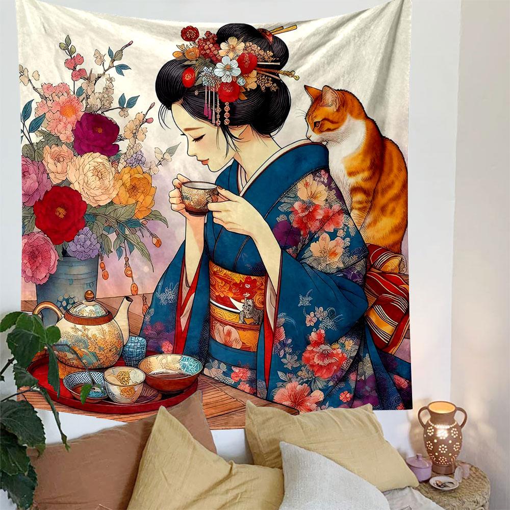 Tea Ceremony with Floral Elegance Patterned Tapestry Decorative Wall Hanging, Home Bedroom Living Room Decor