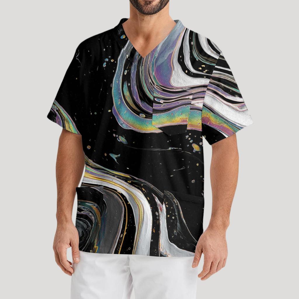 Мужская рабочая блузка с короткими рукавами и v-образным вырезом с принтом, топ с нагрудным карманом