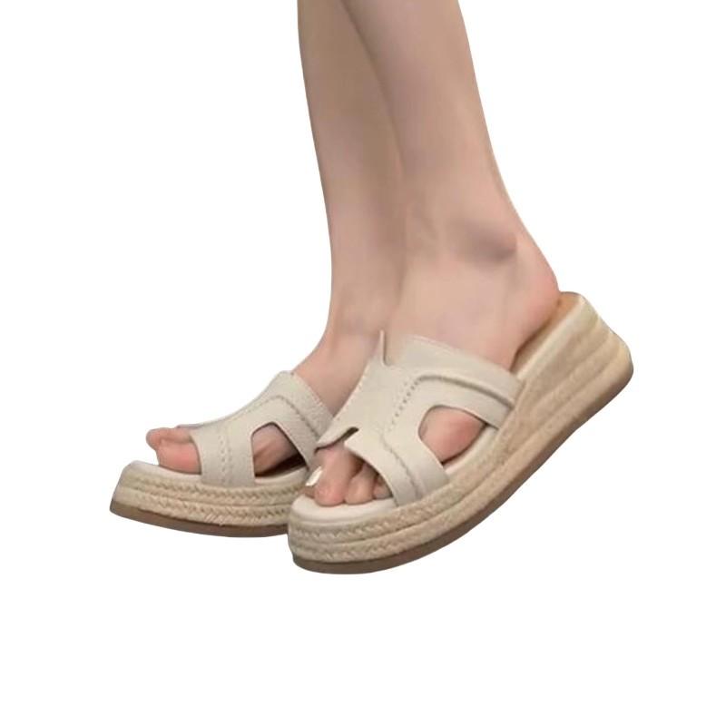Small Thick-soled One-word Slippers Women's New Summer Wear Straw Weave Heel Sandals with Skirt Cool Slippers