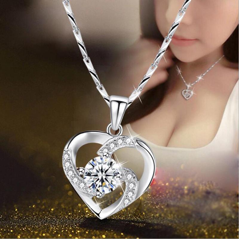 Original Solid 925 Silver Chain Choker Necklace Luxury Crystal CZ Love Heart Pendant Necklaces Women Party Jewelry Gifts