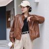 Brown Pu Leather Jacket Women's Spring and Autumn New Style Small Man Arcade Motorcycle Hong Kong Style Retro Casual Short Jacket