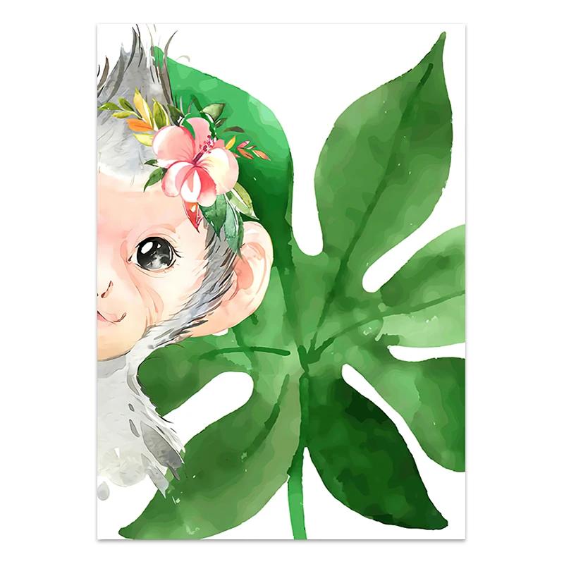 Растение Лист Зебра Слон Обезьяна Животное Настенное Искусство Холст Живопись Скандинавские Постеры и Принты Настенные Картины для Детской Декор Детской Комнаты