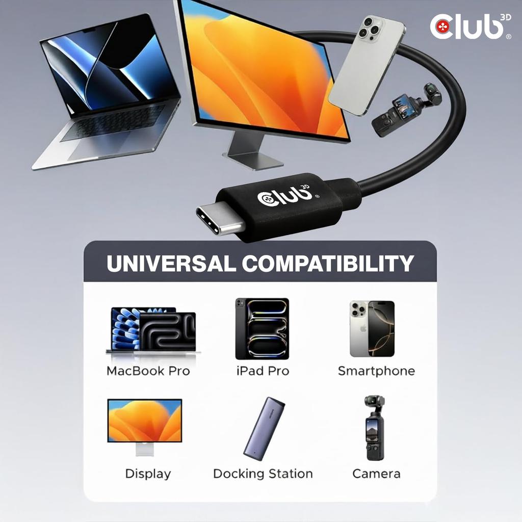 Club 3D USB 80 Гбит/с Сертифицированный USB-IF 240 Вт 8K240 Гц Type-C Кабель 1,2 м (черный) (CAC-1570)