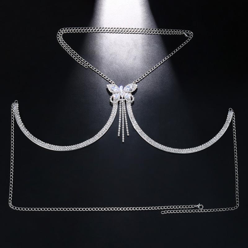 Stonefans Butterfly Bra Bracket Neck Chain Body Jewelry Bikini Accessories Sexy Zircon Tassel Chest Chain Harness For Women Gift