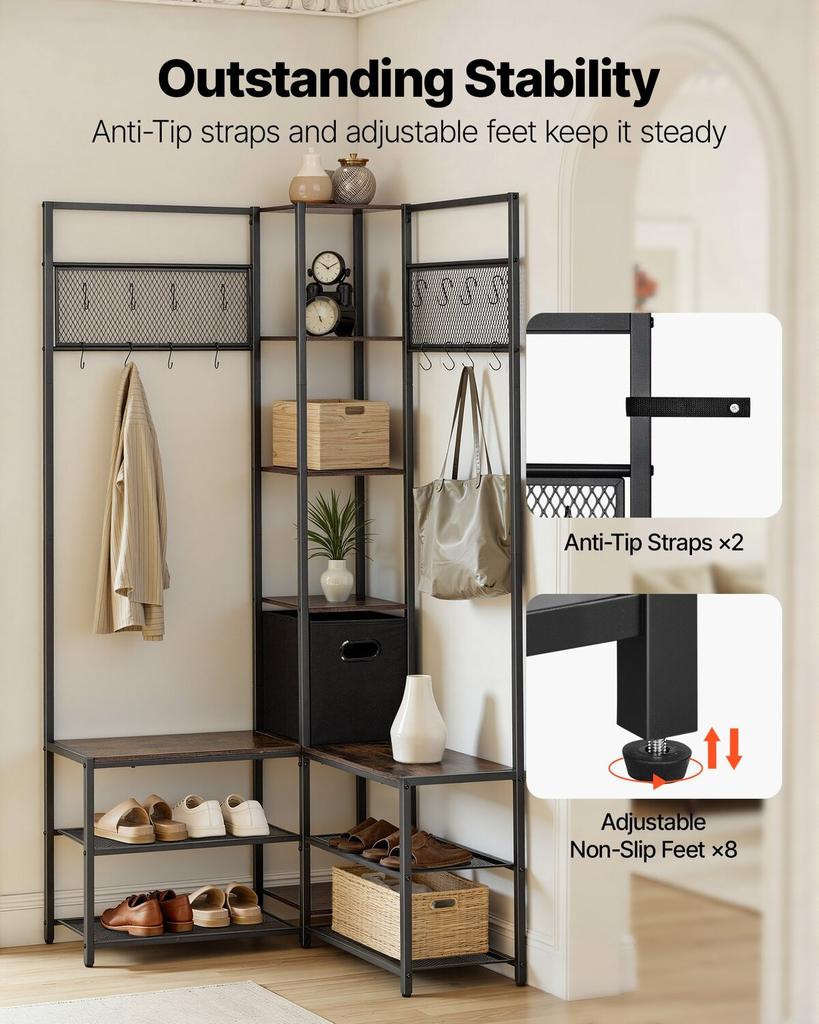 Corner Hall Tree with Shoe Bench, 1800 mm Coat Rack with Hooks and Steel Frame, Freestanding Clothes Shoes Rack Storage Organizer with Anti-Tip Set,