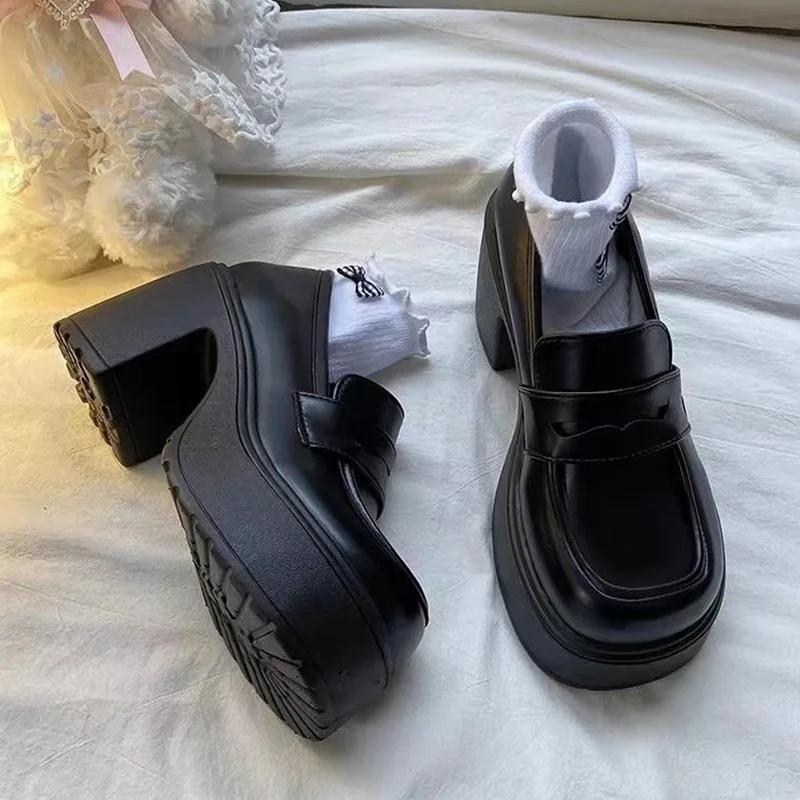 WHOHOLL Pu Leather Women's Platform Loafers 2024 Gothic Black Chunky High Heels Pumps Woman Preppy Style Jk Uniform Shoes Mujer