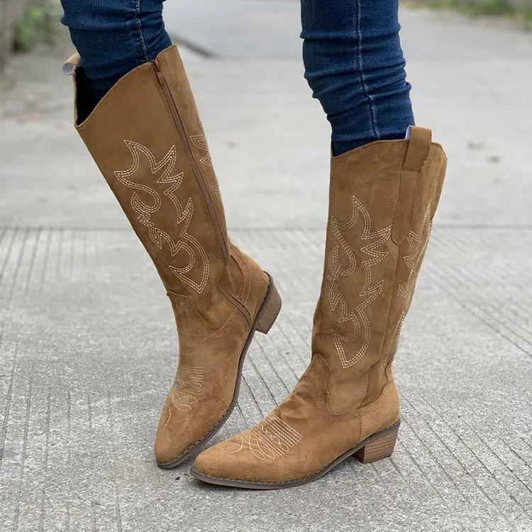 Женские сапоги Вышитые ковбойские сапоги в стиле вестерн Сапоги до колена на блочном каблуке Туфли на платформе из искусственной кожи Женские сапоги в стиле ретро Zapatos