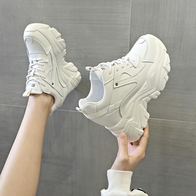 Fashion 9CM Genuine Leather Women Fashion Chunky Sneakers Spring Summer Autumn Breathable Platform Wedge Shoes Walking Sneakers Fashion