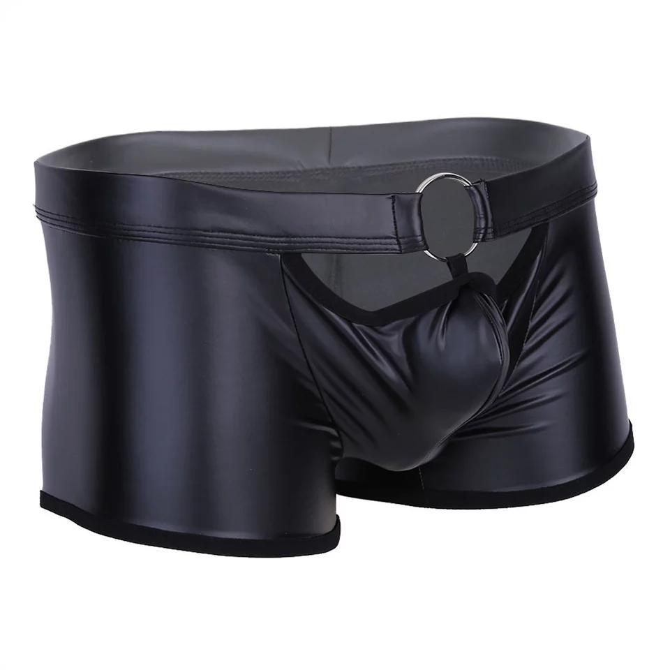 Mens Sexy Soft Leather Short Pants For Sex Latex Sheath Underwear Sexy Bottom Male Patent Leather Fetish Boxer Hot Pants Sexi