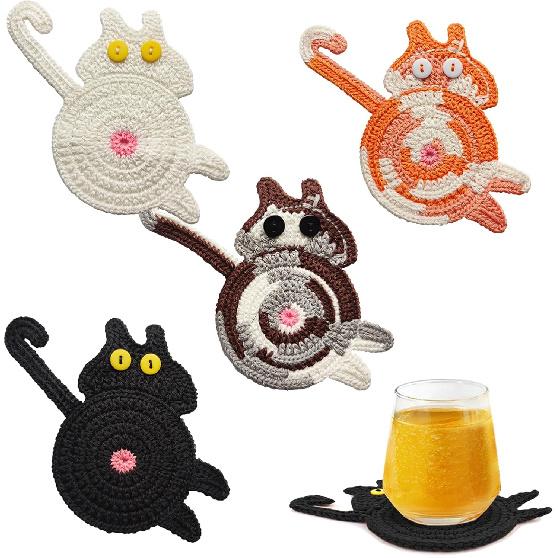 Cute Cat Cup Coasters, Gifts for Cats Lovers, Cat Coaster Woven Creative Knitted Coasters Funny Drink Insulation Coffee and Tea Coaster Table