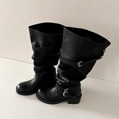 Версия из коровьей кожи~ Ретро длинные сапоги женские с пряжкой-ремнем рыцарские сапоги с широким голенищем на толстом каблуке плиссированные высокие сапоги сапоги со сборкой