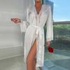 New Satin Pajamas Women's Lace Light Luxury Long-sleeved Cool Nightgown Bathrobe Women's Clothing