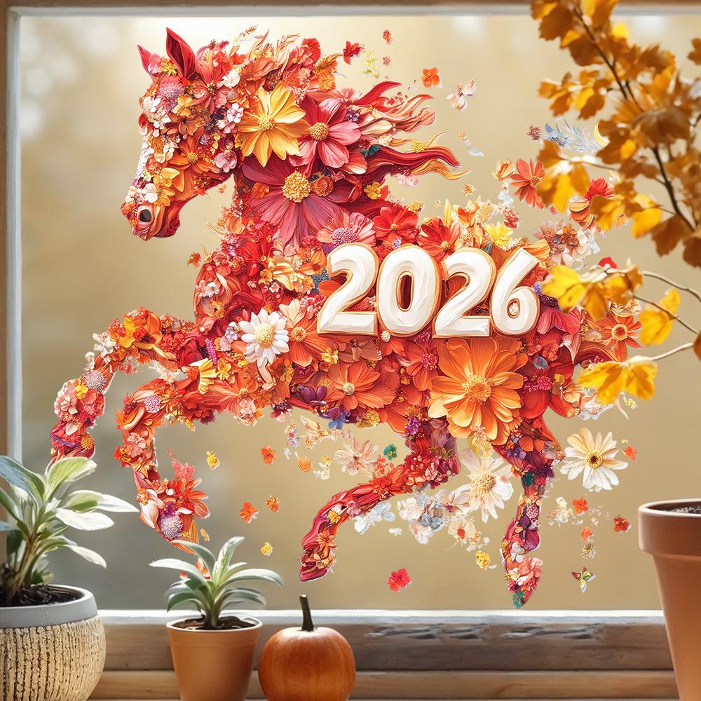 2026 Red Flower Horse Mirror Stickers Electrostatic Stickers on The Glass Door Window Wall for Home Office Room Decor Removable