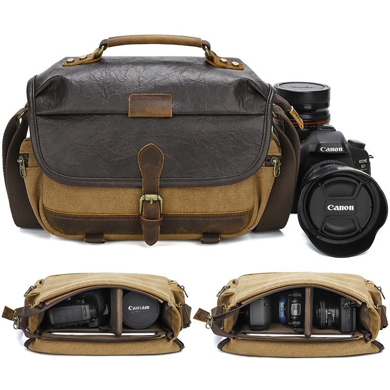 Canvas DSLR Camera Bag Men - Crossbody Shoulder With Shockproof Padding Compact Mirrorless Carrier In Khaki Gray