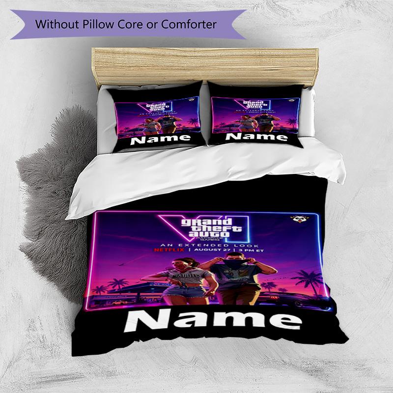 3pcs Duvet Cover Set (1*Duvet Cover + 2*Pillowcase, Without Core), Custom Name Grand Theft Auto VI Pattern Bedding Set, Home Bedroom Decor Gift