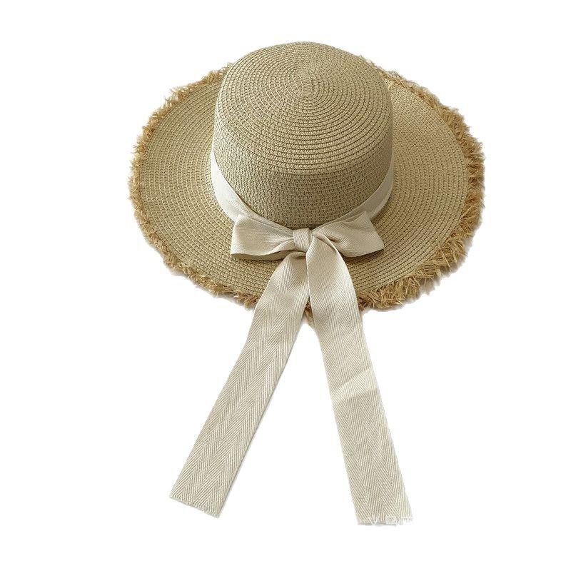 New flat-top straw hat for women, French straw top hat, summer faux edge ribbon sun hat, seaside sun hat