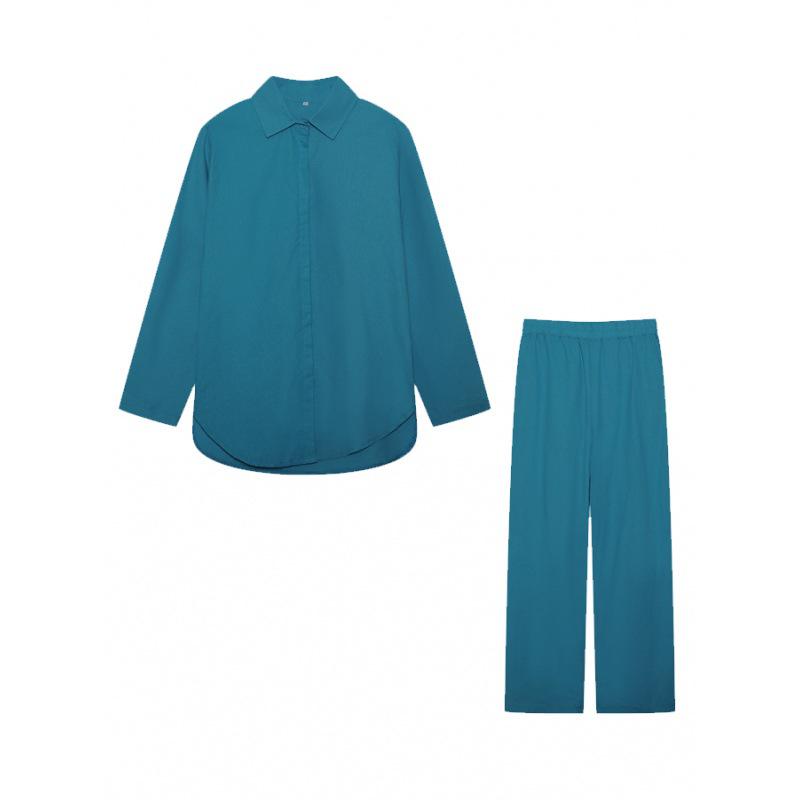 2023 Women's Casual Two-Piece Suit: Lapel Long-Sleeve Shirt & Wide-Leg Pants for Spring & Autumn