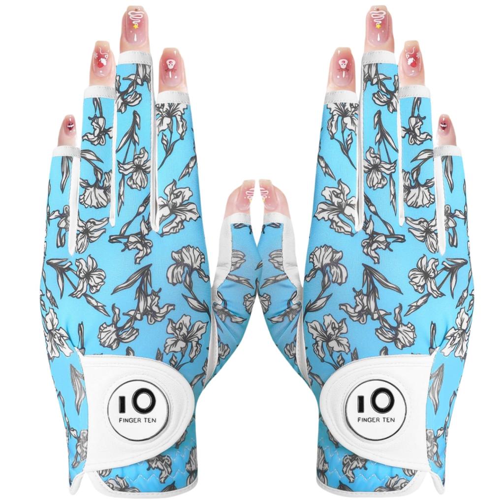 FINGER TEN Golf Gloves Women Both Hands Pair Sheepskin and Microfiber Leather Stretch Breathable All Weather Grip with Ball Marker (Size 19)