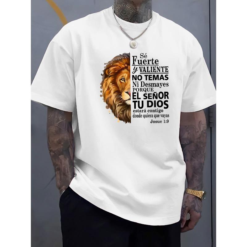 Европейские размеры A Мужская летняя повседневная футболка с круглым вырезом, украшенная принтом могучего льва и испанскими мотивирующими фразами