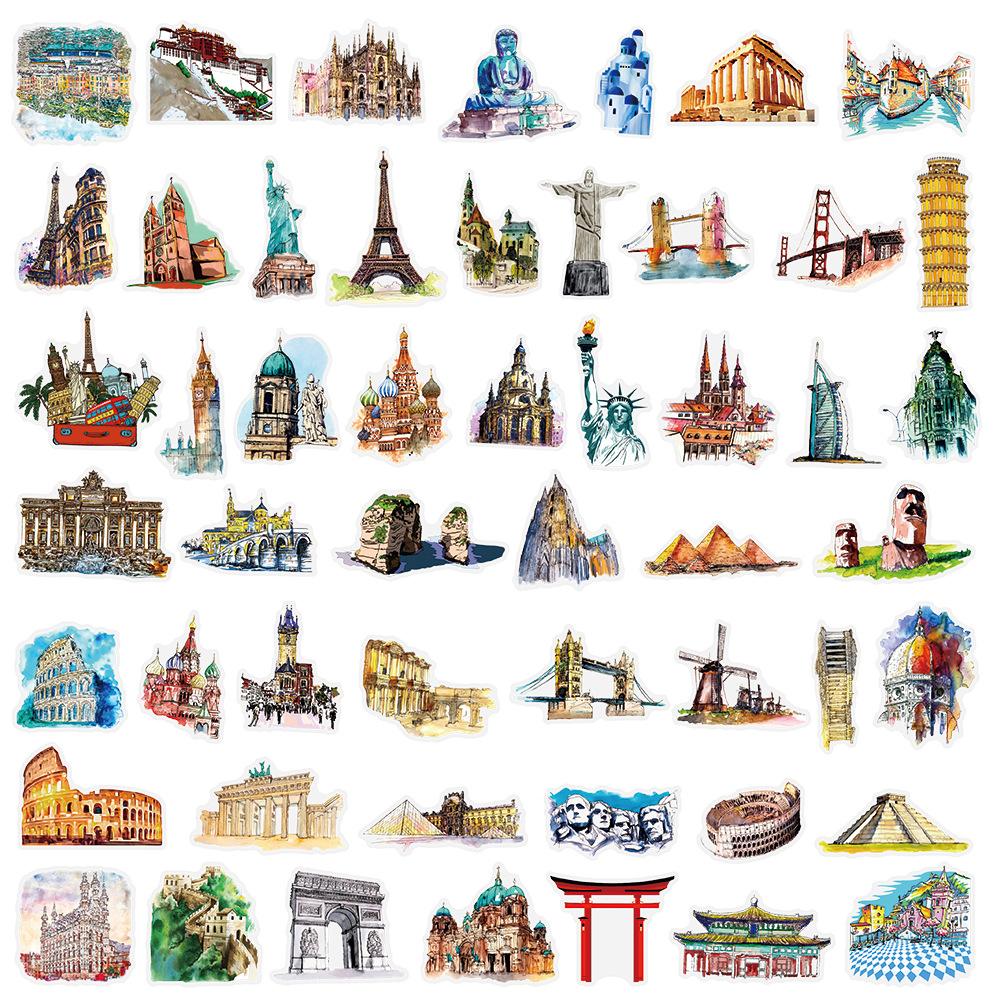 50PCS Transparent PET Travel World Tandmark Building Stickers for Luggage Phone Computer Guitar Waterproof Stationary Stickers
